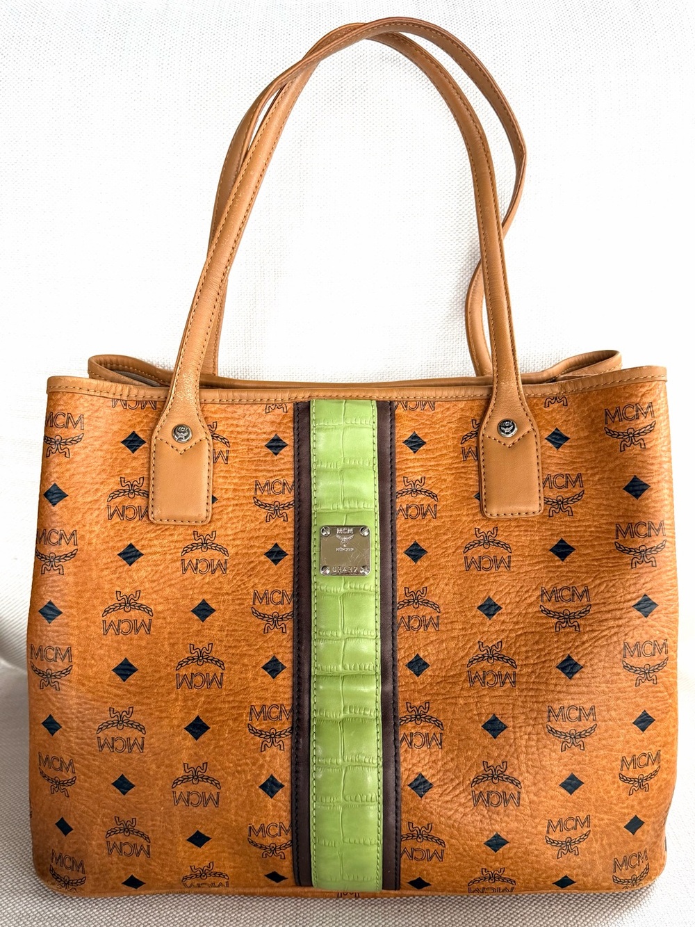 MCM Cognac Visetos Liz Shopper Tote Green Croc Stripe Shoulder Bag